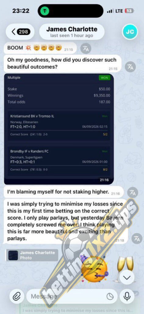 Telegram chat screenshot showing $9,350 winning ticket with $50 stake on correct score bets