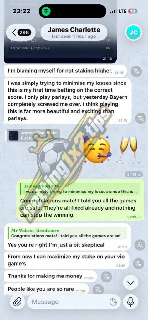 Chat screenshot showing positive client feedback after winning $9,350 with VIP predictions