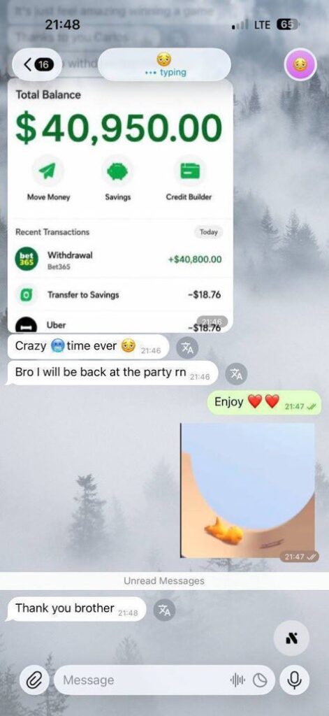 Daily fixed matches sure prediction, Chat screenshot showing a $40,800.00 Bet365 withdrawal and a total account balance of $40,950.00