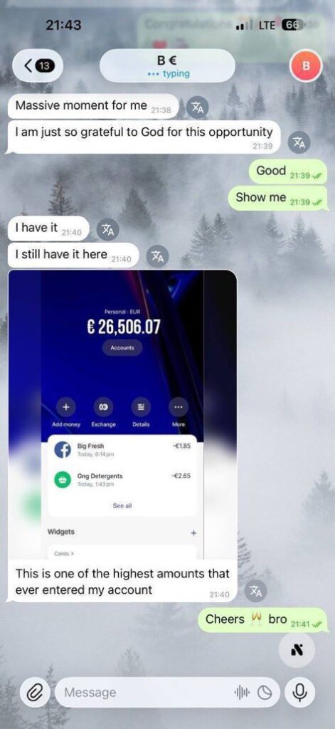 Daily Free Matches, Tips 1x2 free 100%, Client chat showing a confirmed €26,506.07 e-wallet balance and message of gratitude